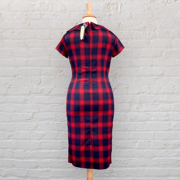 NWT Voodoo Vixen Joan Red Navy Plaid Wiggle Dress Pin Up Rockabilly Kick Pleat - Picture 6 of 14